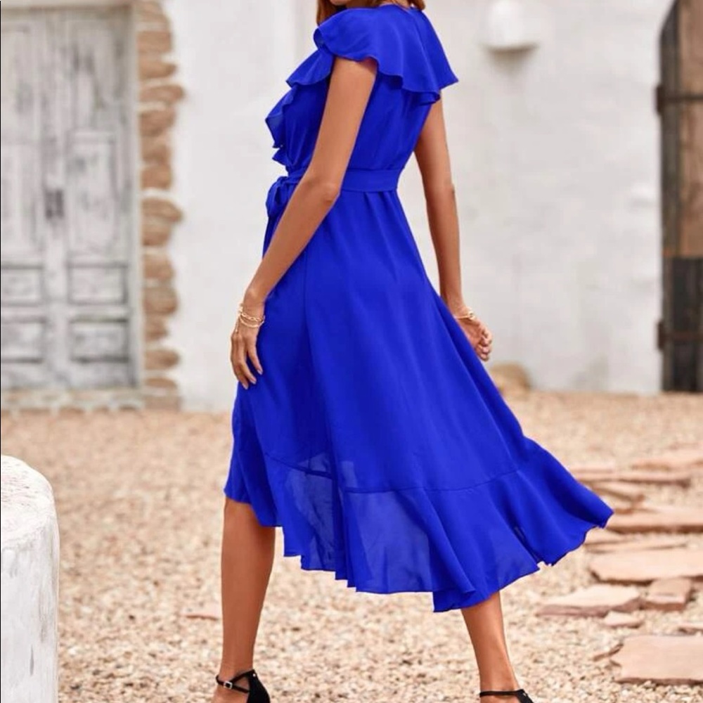 Boho burgundy butterfly sleeve blue ruffle hem belted wrap dress - Picture 16 of 16
